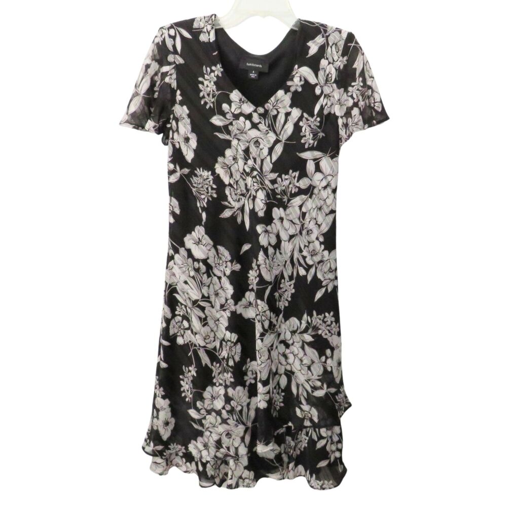 R & M Richards Dress Sz 6 Women Black W/ White Flowers Lined Layers Dressy Silky